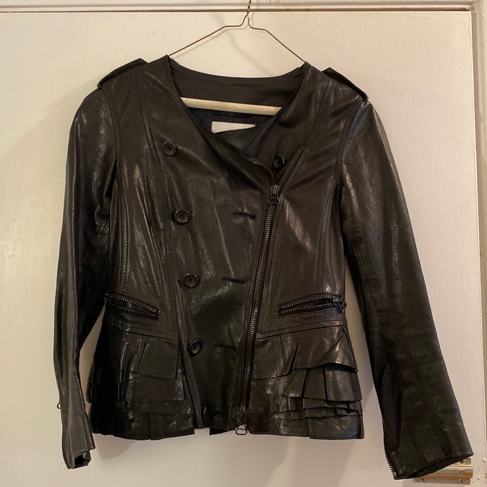 Philip lim ruffle leather jacket size 4 black